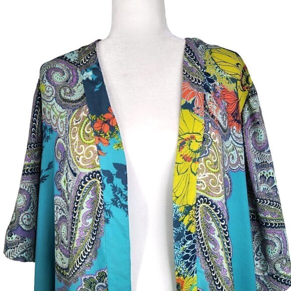 Catherines Boho Turquoise  Paisley Floral Maxi Kimono Cardigan  Cover Up - Picture 2 of 6